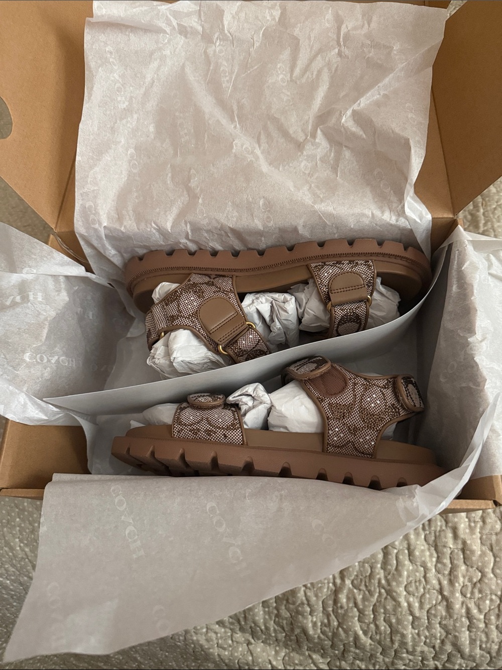 Coach Tan Logo Velcro Strap Sandals Brynn Sandalin Crystal Signature Tan 8.5B - Picture 9 of 11